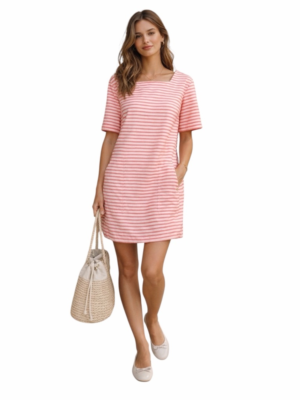 Marc by Marc Jacobs Striped Mini Dress Coral White Shift Pockets XS